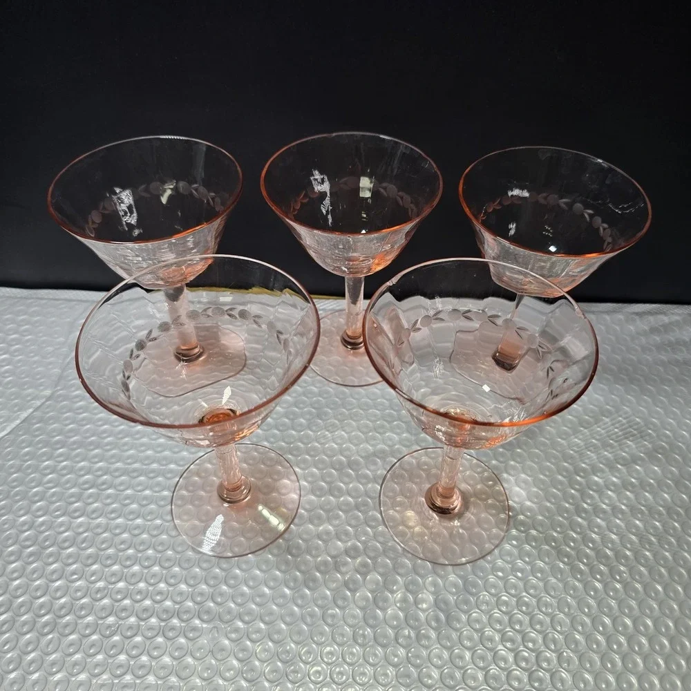 Vintage Pink Depression Glass Champagne Coupes Set Of 5 Etched Design